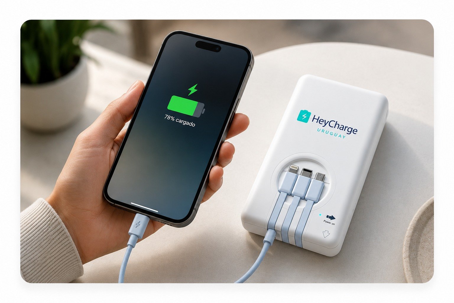 Celular cargando conectado a una power bank HeyCharge Uruguay